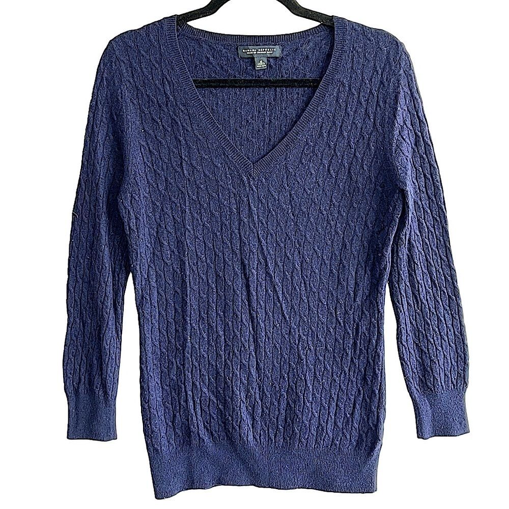 Banana Republic Navy Blue Cable Knit Wool Cashmere V Neck Sweater Classic Luxe M